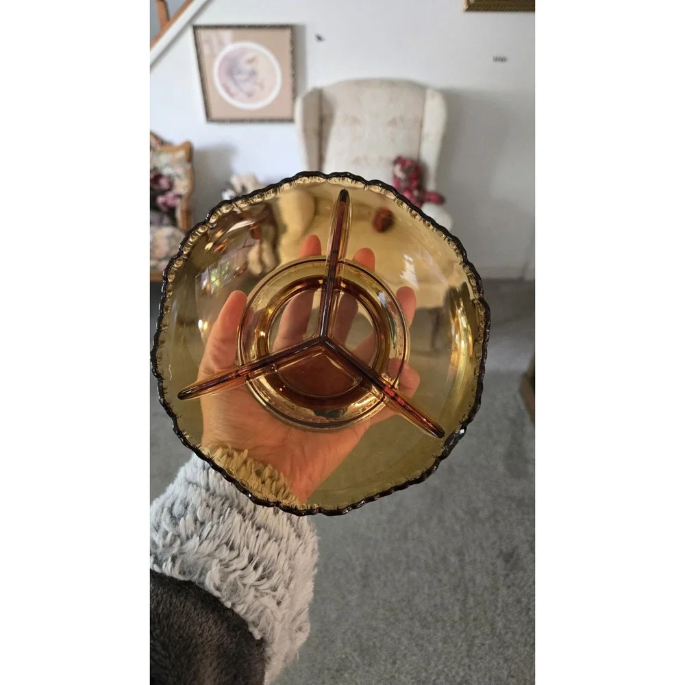 Vintage Farber Bros KromeKraft Amber Glass Relish Candy Nut Dish Chrome Art Deco